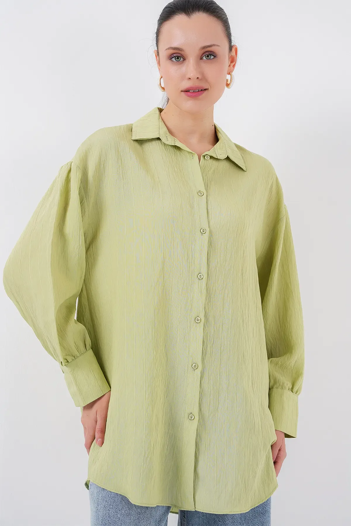Kadın Çizgili Uzun Gömlek Tunik 5963 - E.Yeşil