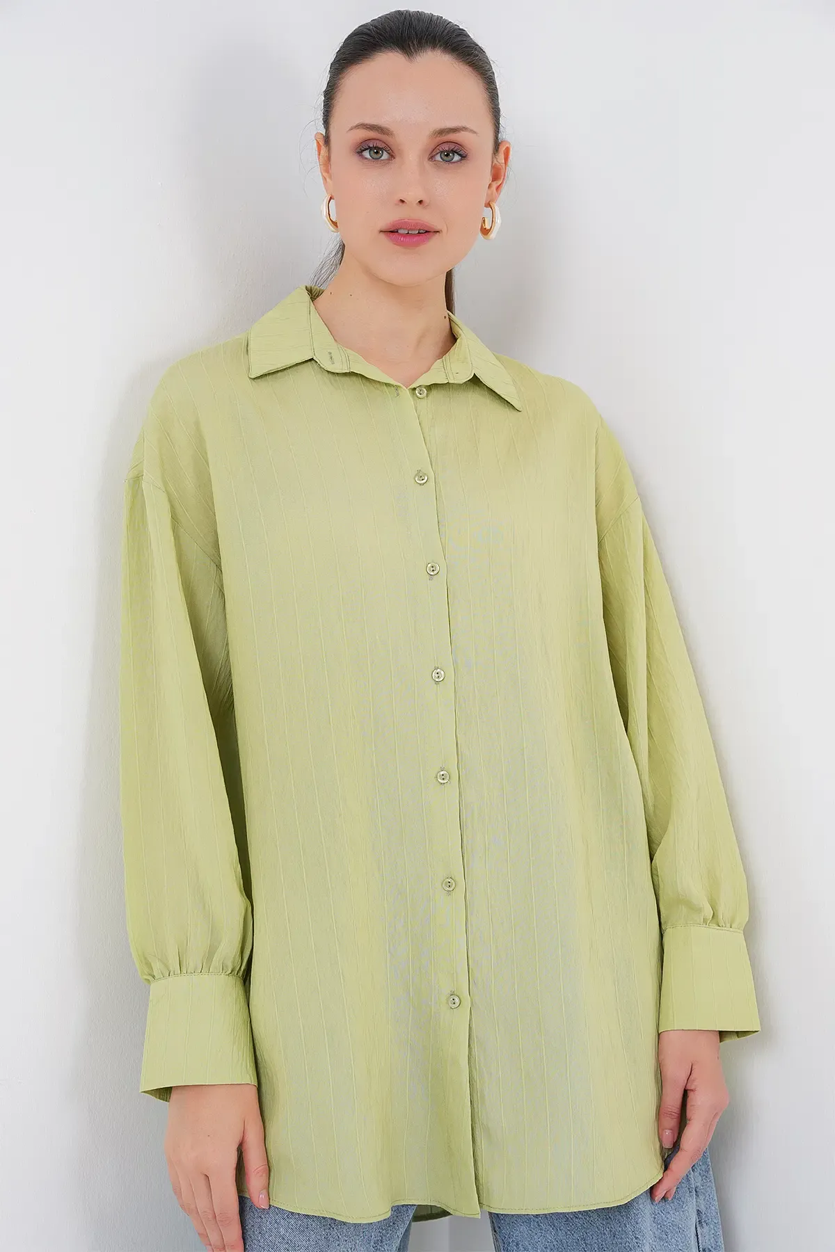 Kadın Çizgili Uzun Gömlek Tunik 5963 - E.Yeşil