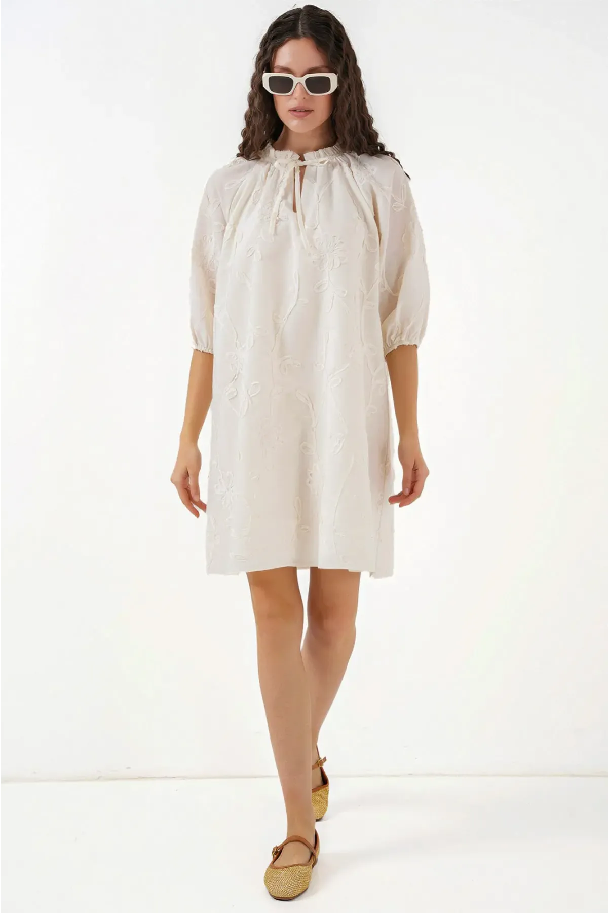 Kadın Desenli Kısa Elbise 2528 - Krem