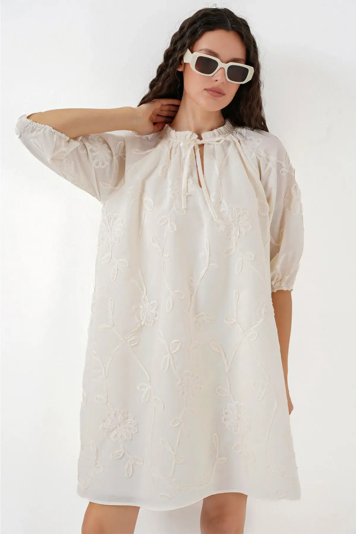 Kadın Desenli Kısa Elbise 2528 - Krem