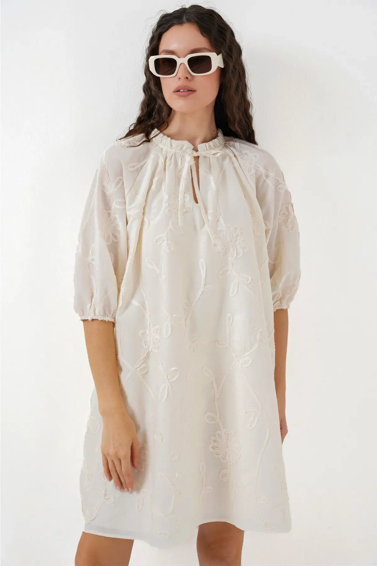 Kadın Desenli Kısa Elbise 2528 - Krem