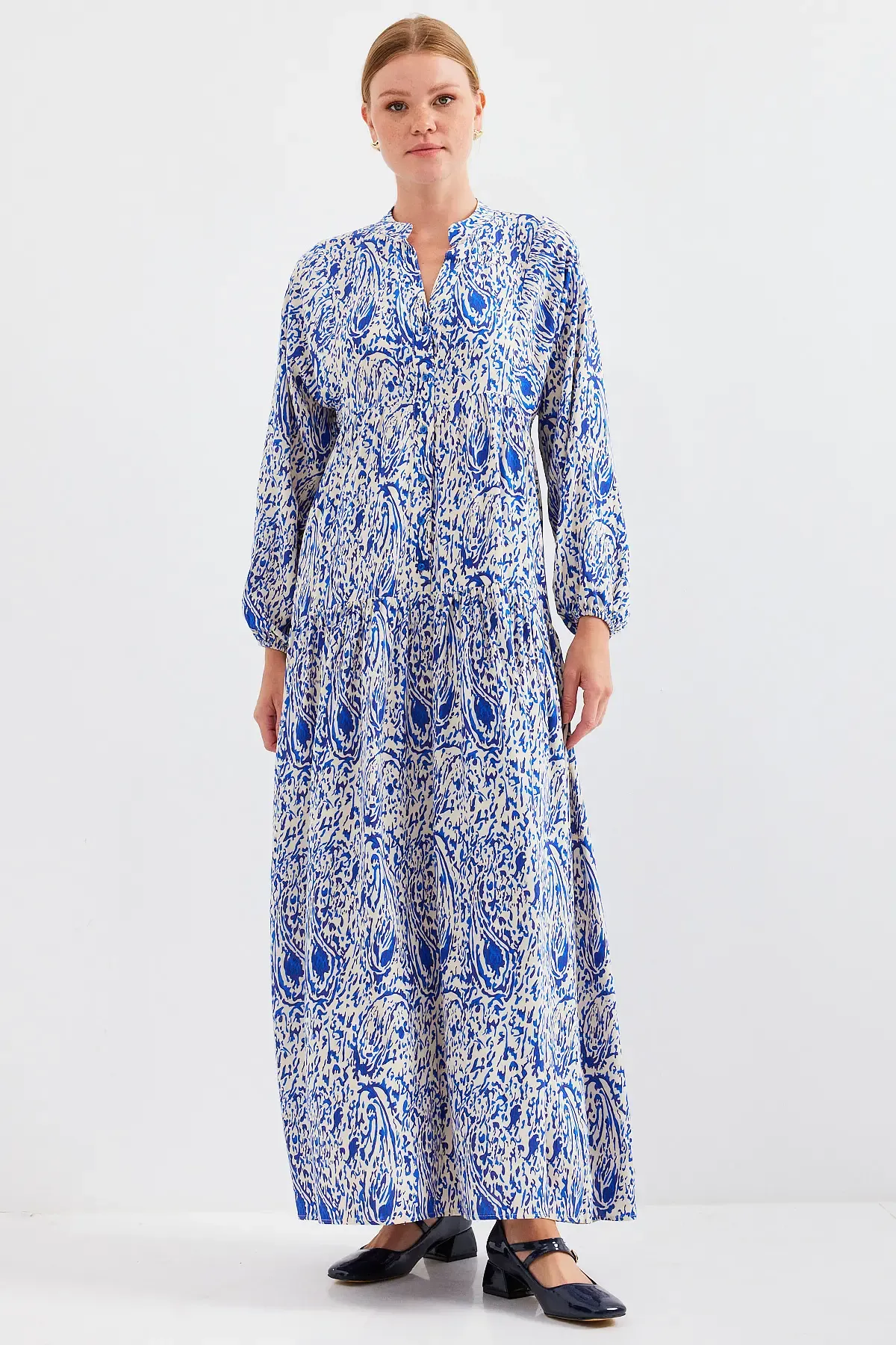 Kadın Desenli Saks Viskon Tesettür Elbise 2423