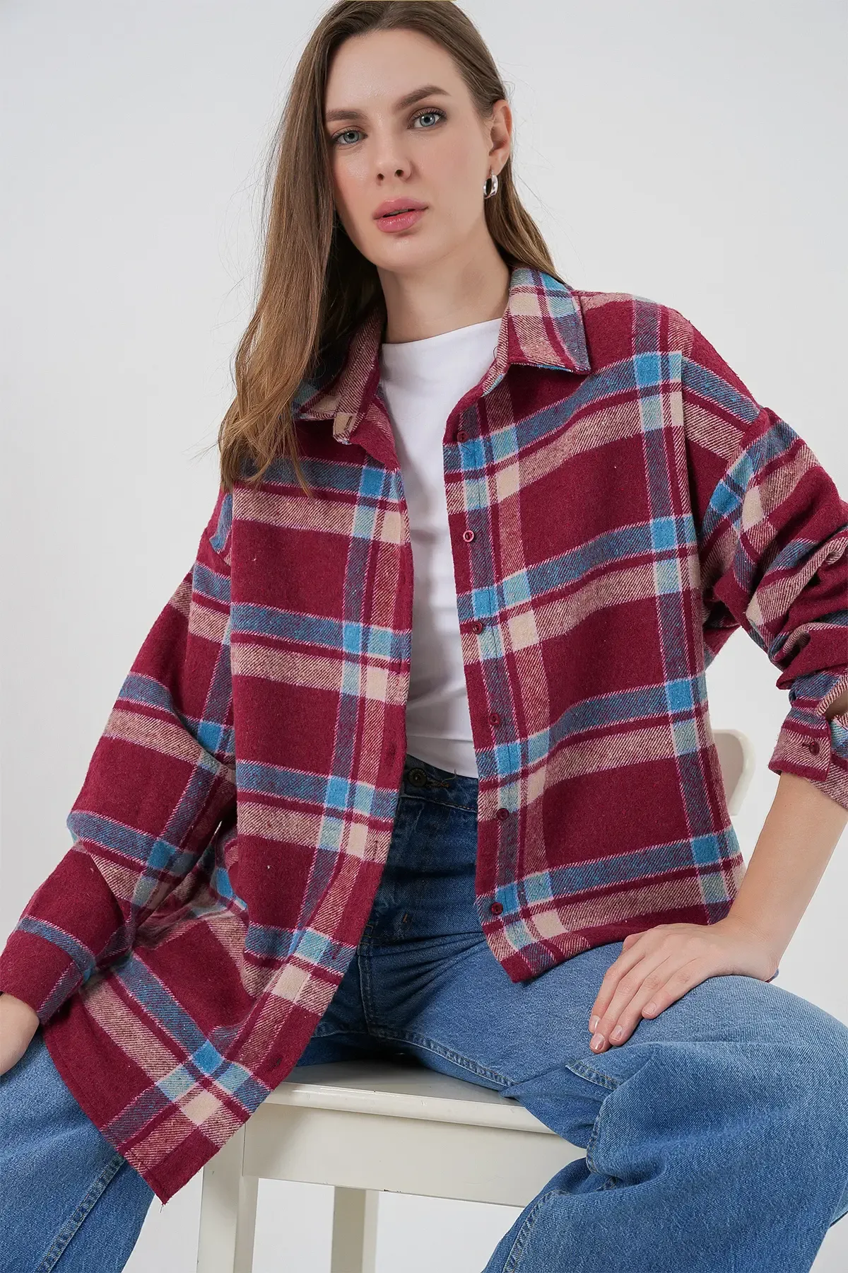 Kadın Ekose Desen Oversize Oduncu Gömlek 3854 A.Kiremit