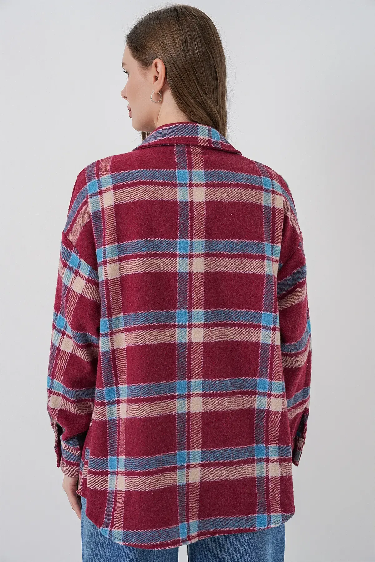 Kadın Ekose Desen Oversize Oduncu Gömlek 3854 A.Kiremit