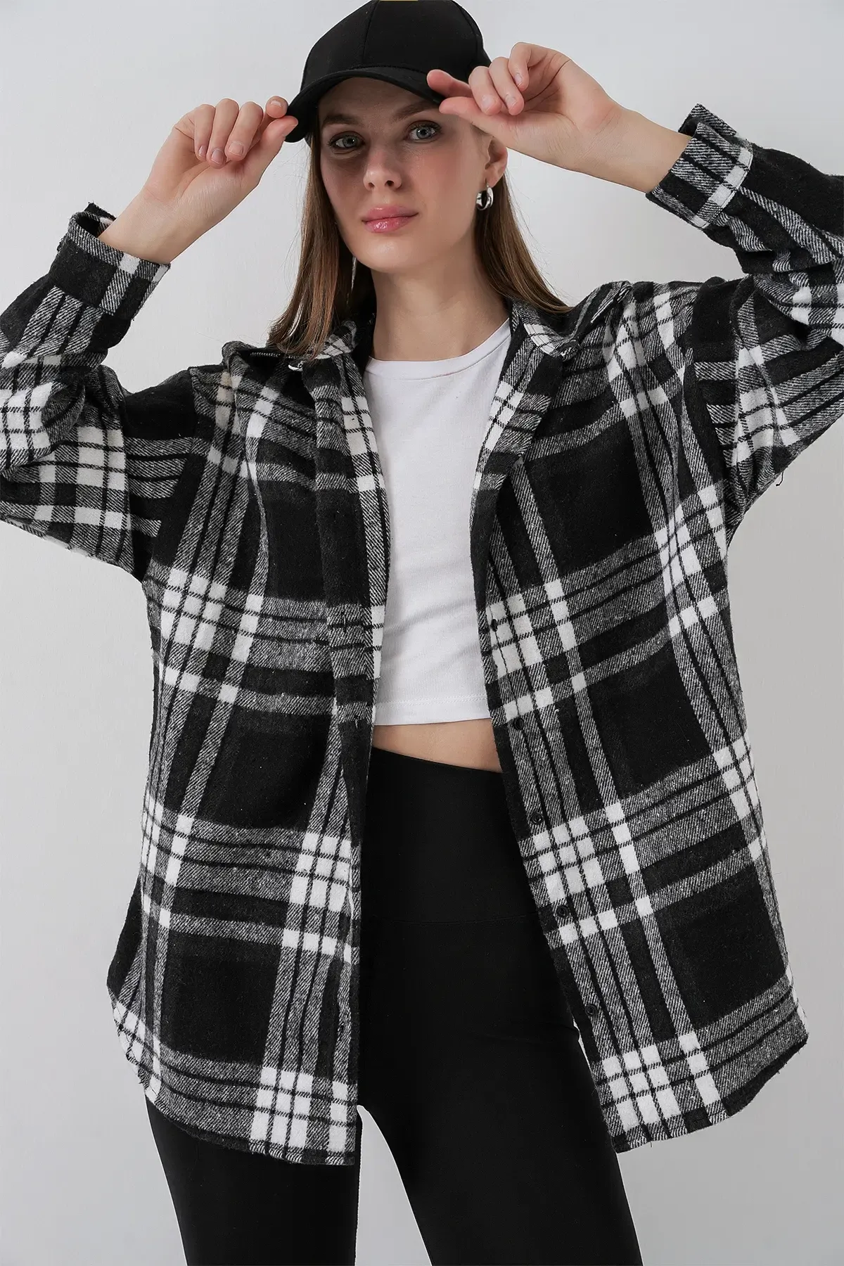 Kadın Ekose Desen Oversize Oduncu Gömlek 3854 D. Siyah