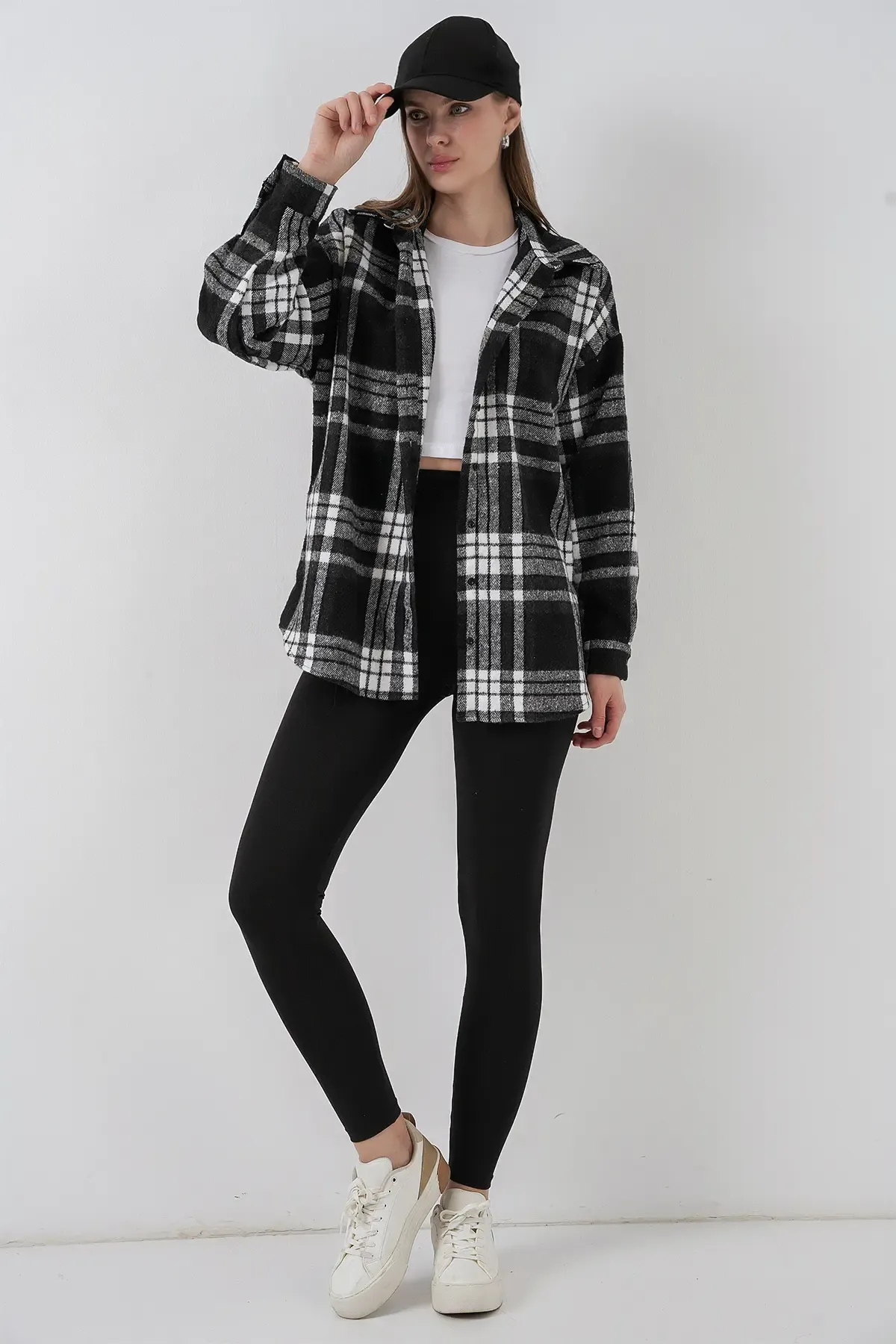 Kadın Ekose Desen Oversize Oduncu Gömlek 3854 D. Siyah