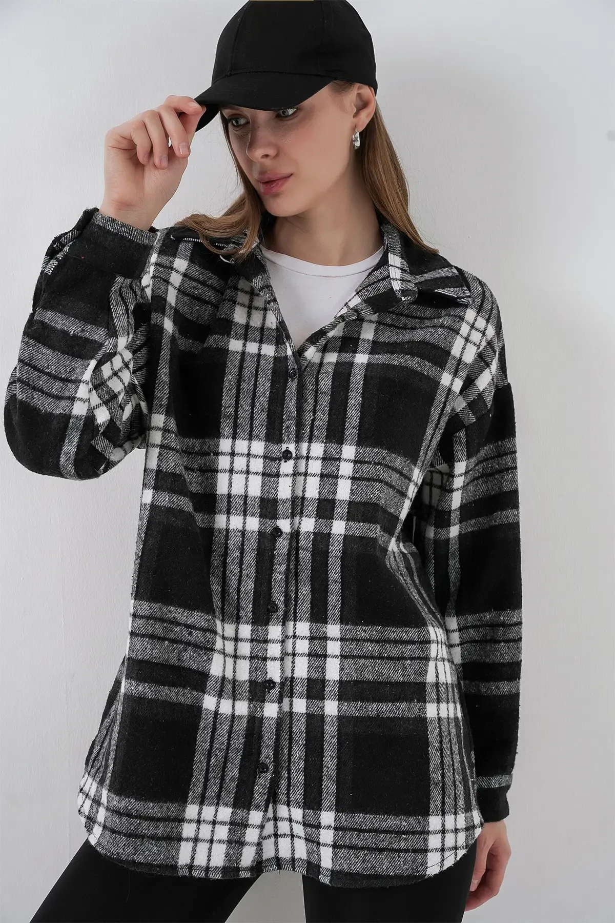 Kadın Ekose Desen Oversize Oduncu Gömlek 3854 D. Siyah