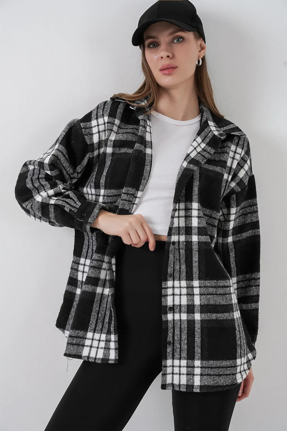 Kadın Ekose Desen Oversize Oduncu Gömlek 3854 D. Siyah