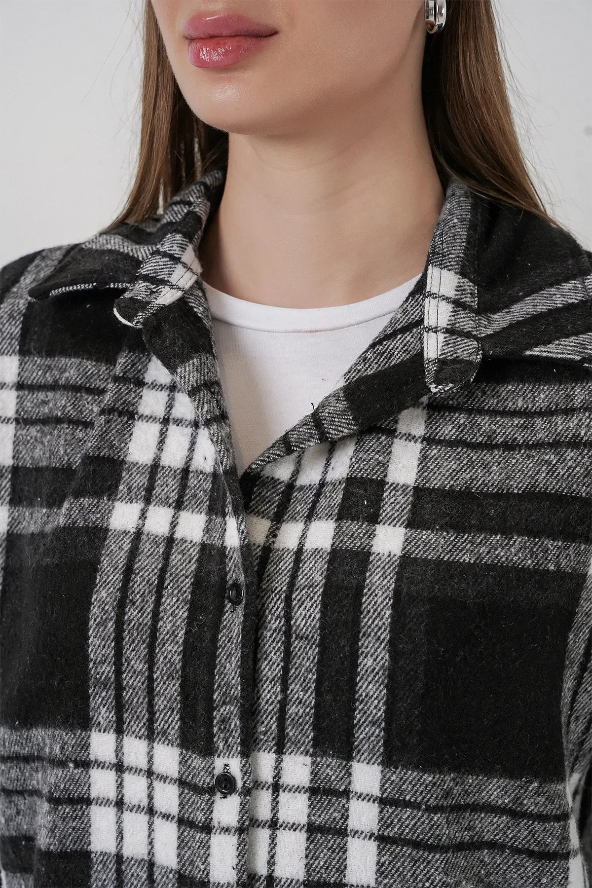 Kadın Ekose Desen Oversize Oduncu Gömlek 3854 D. Siyah
