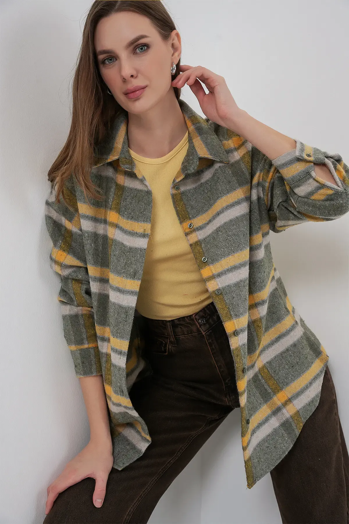 Kadın Ekose Desen Oversize Oduncu Gömlek 3854 E.Yeşil
