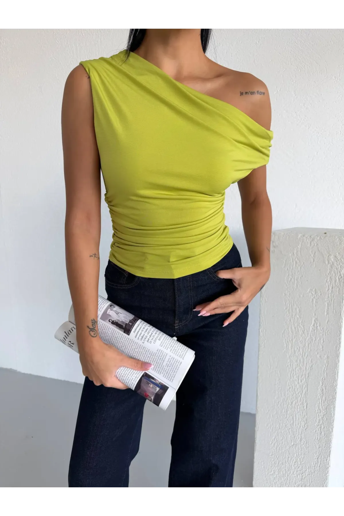 Kadın Fıstık Yeşil Yandan Drapeli Kayık Yaka Sandy Bluz HZL25S-FRY123201