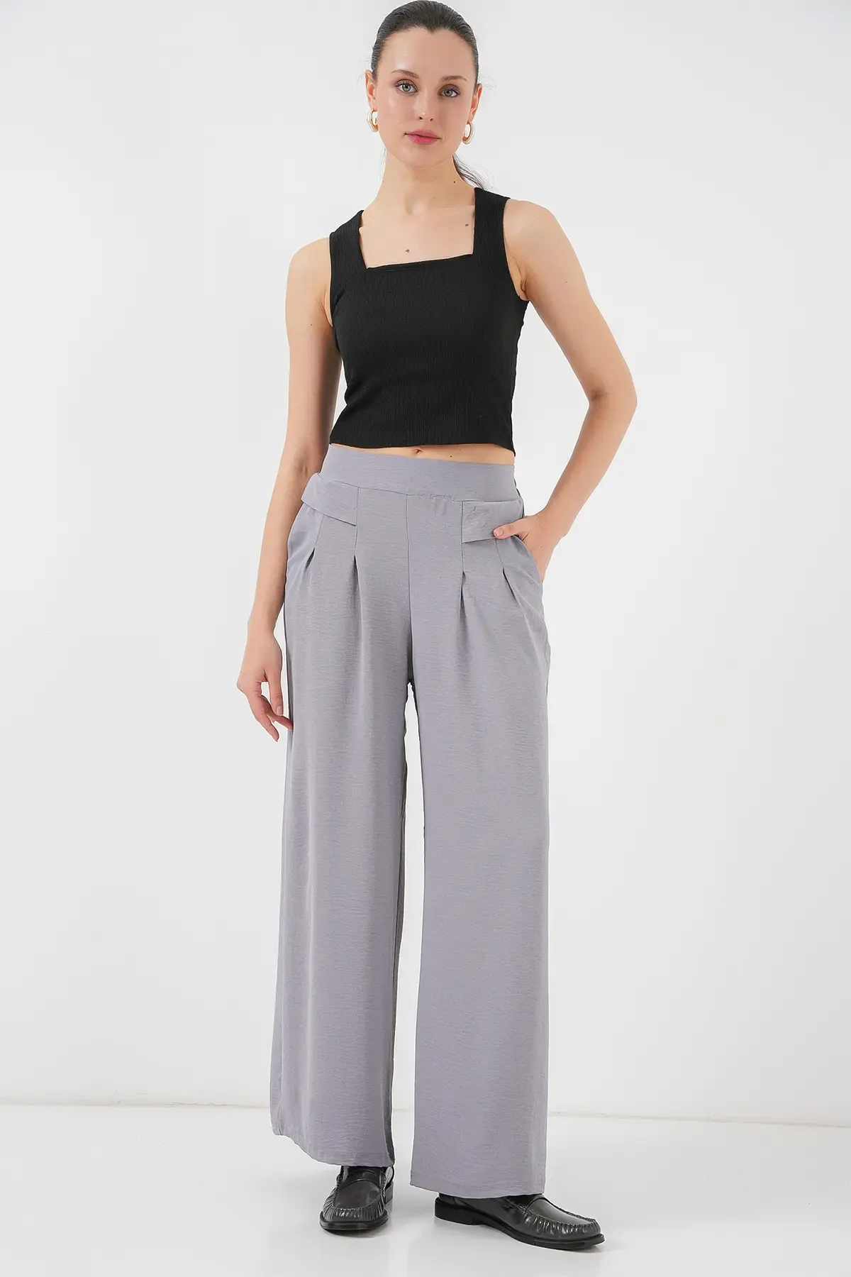 Kadın Geniş Paça Pileli Pantolon 6718 - Gri
