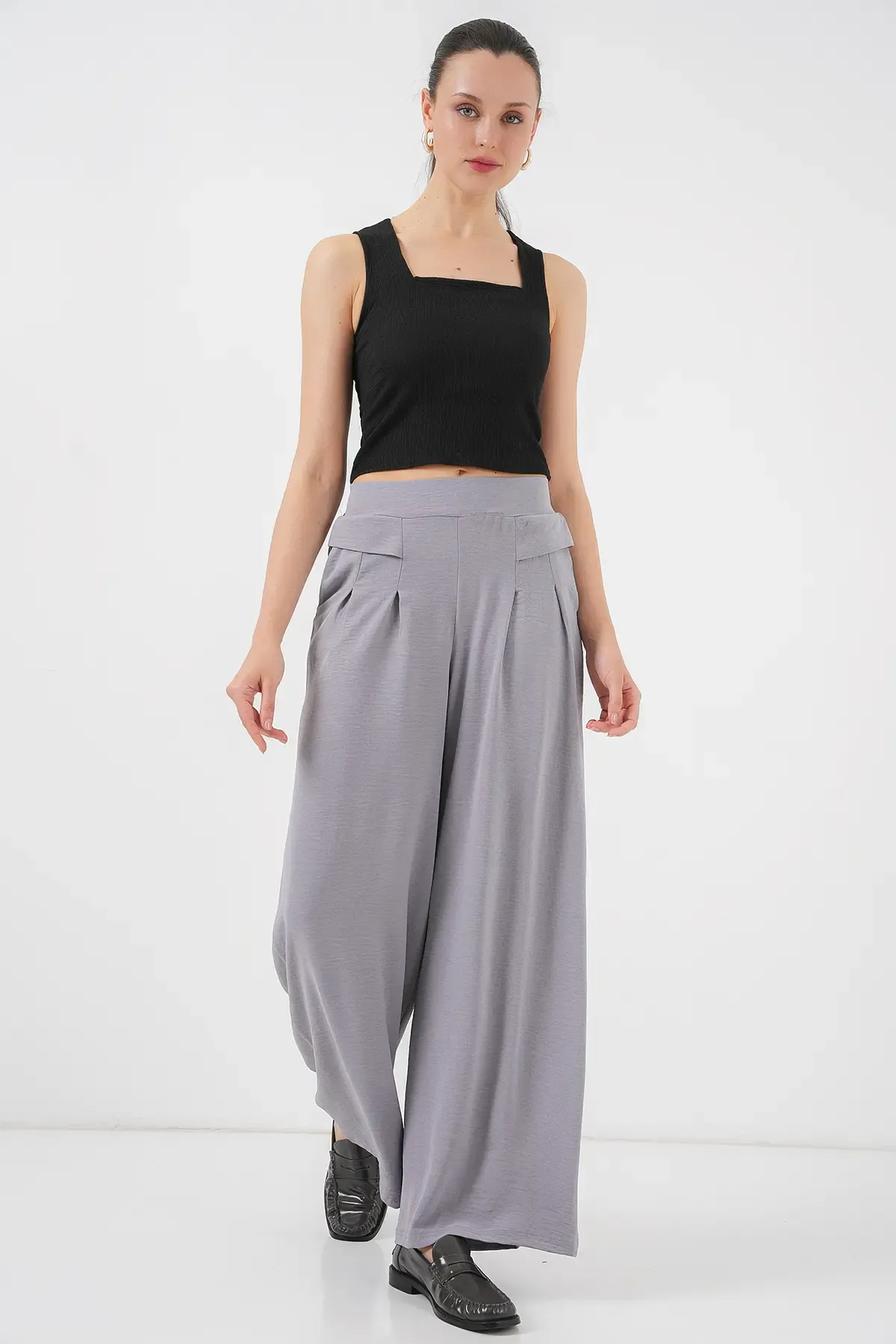 Kadın Geniş Paça Pileli Pantolon 6718 - Gri