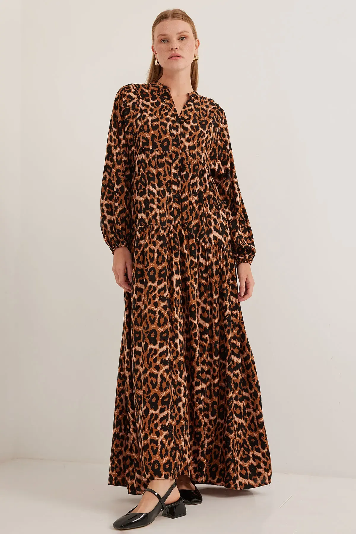 Kadın Kahverengi Bej Viskon Tesettür Elbise 2423