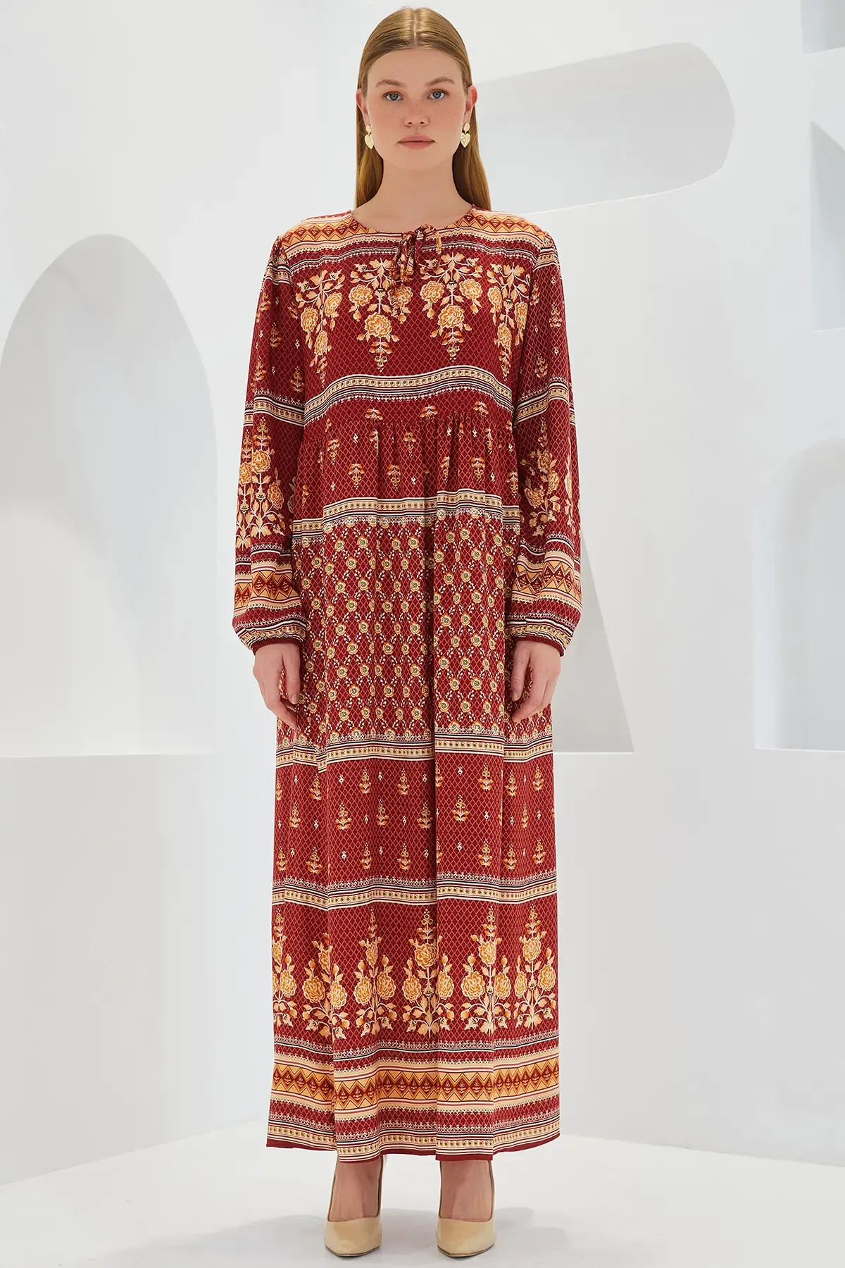 Kadın Kiremit Bej Desenli Uzun Viskon Elbise 1947