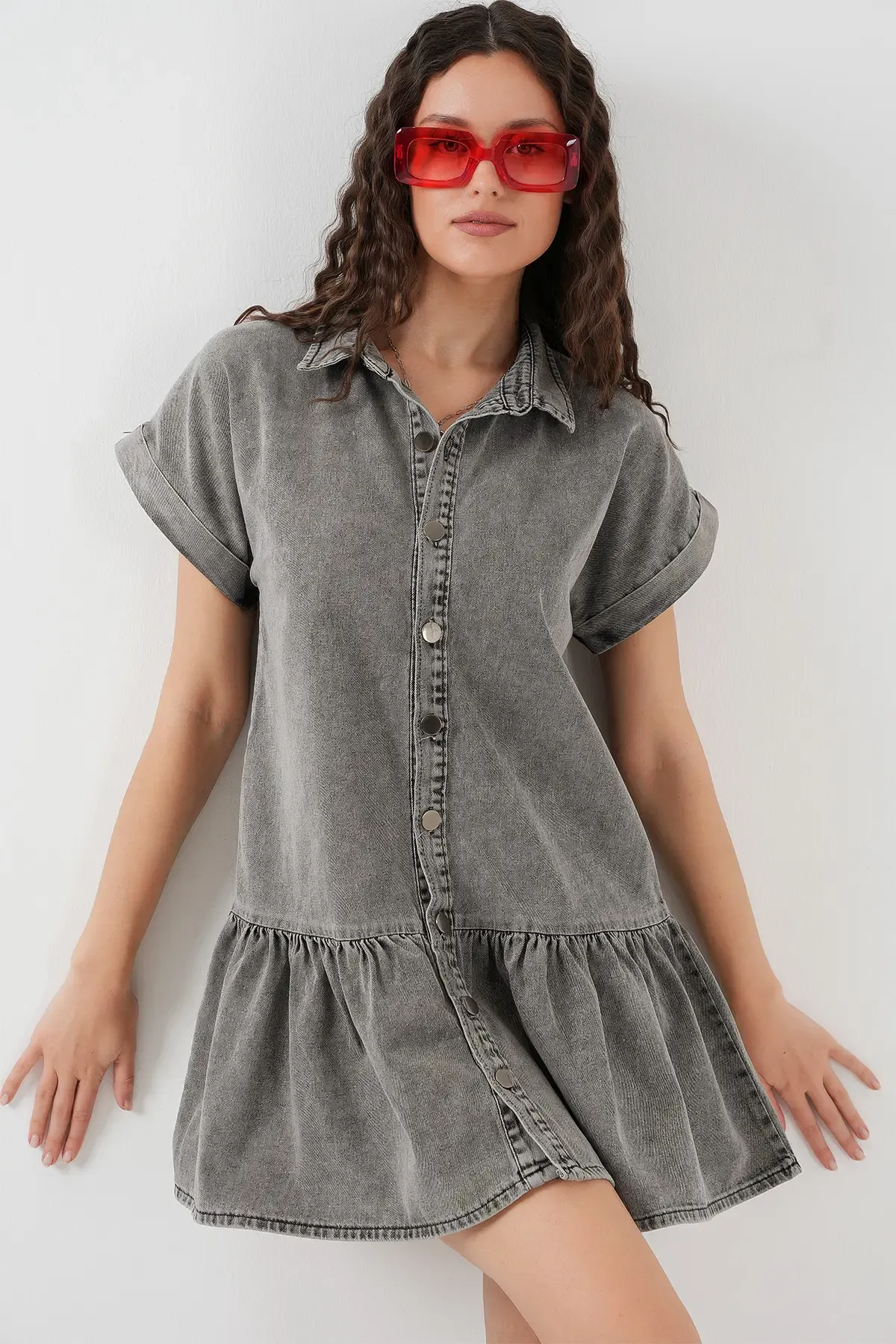 Kadın Kısa Kot Elbise 2530 - Füme