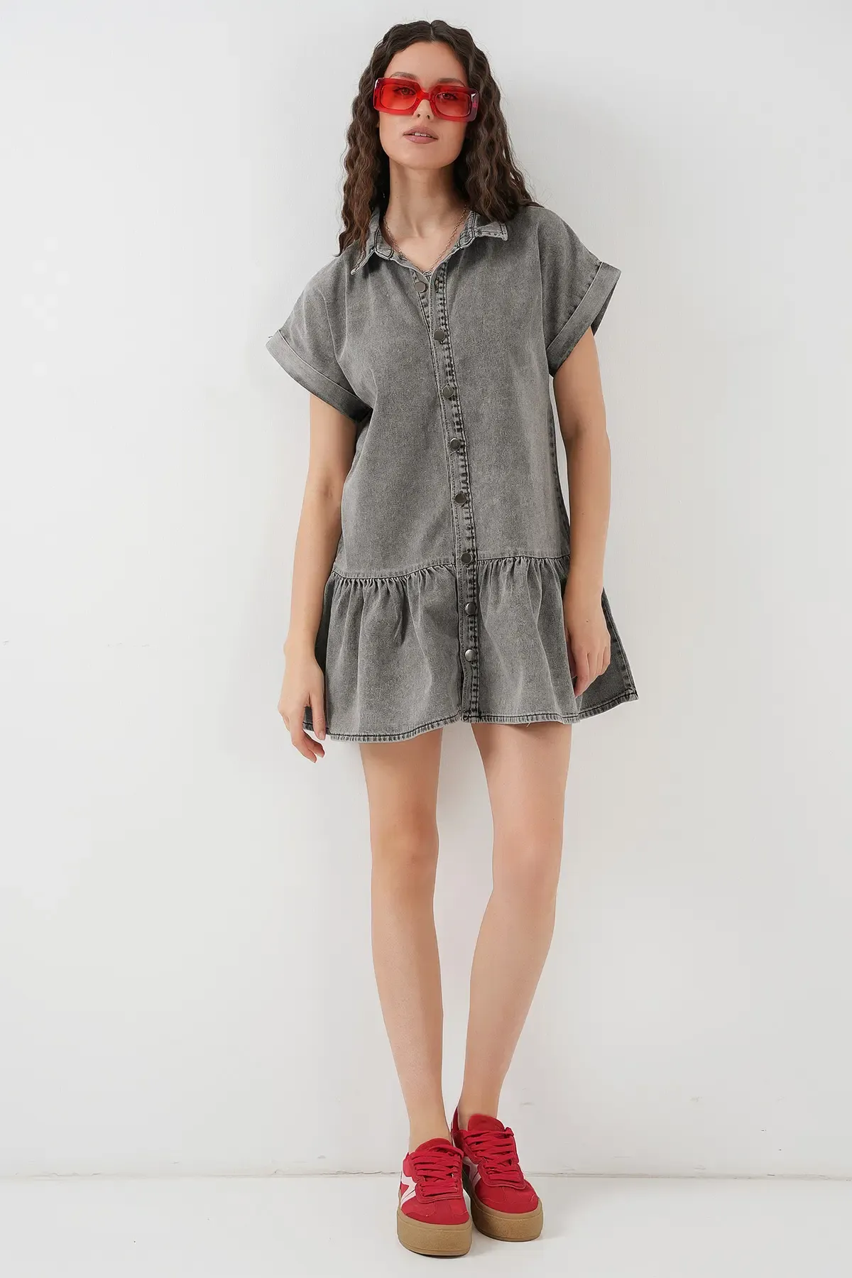 Kadın Kısa Kot Elbise 2530 - Füme