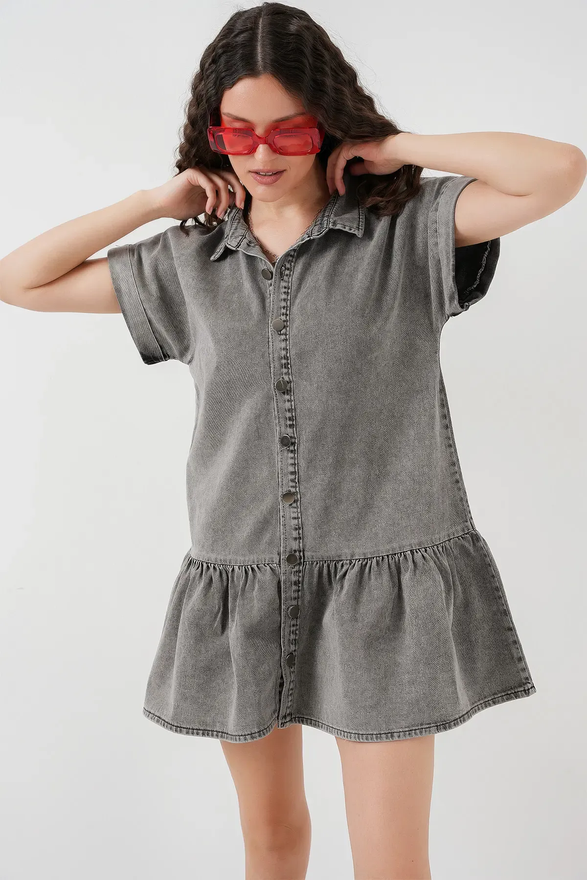 Kadın Kısa Kot Elbise 2530 - Füme