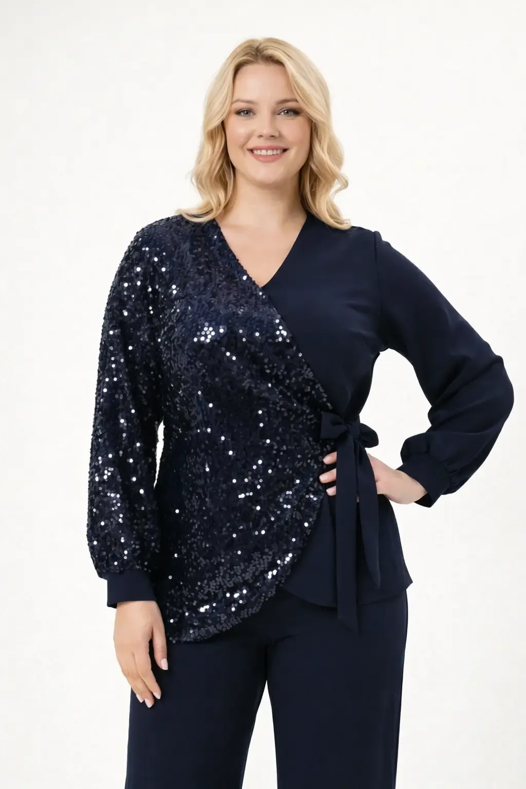 Kadın Lacivert Büyük Beden Payet Detaylı Pantolon Bluz Abiye Takım HZL26W-PR10011