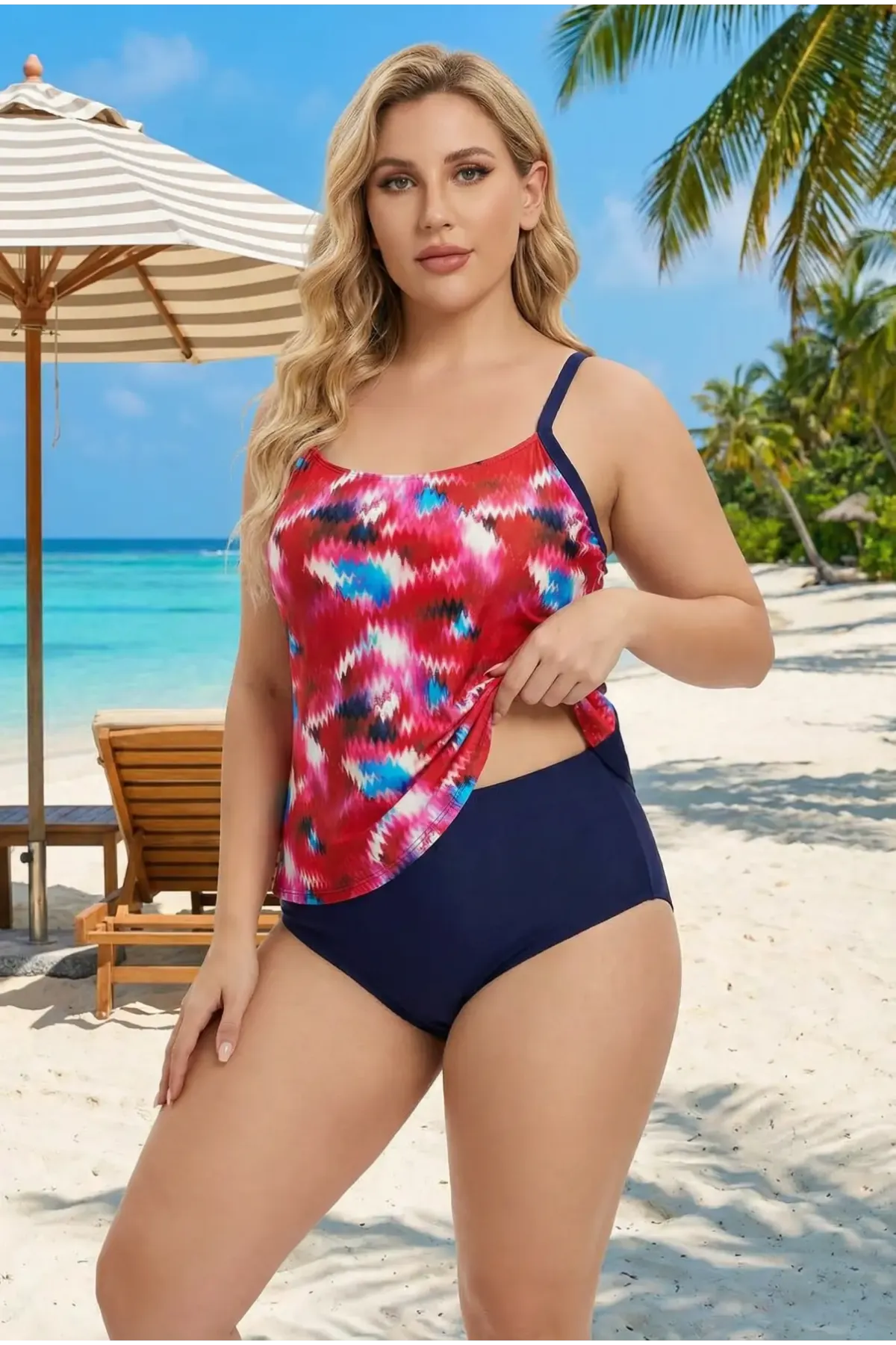 Kadın Lacivert Kırmızı Desenli Yüksek Bel Toparlayıcı Altlı Büyük Beden Slipli Tankini HZL26S-LC2031