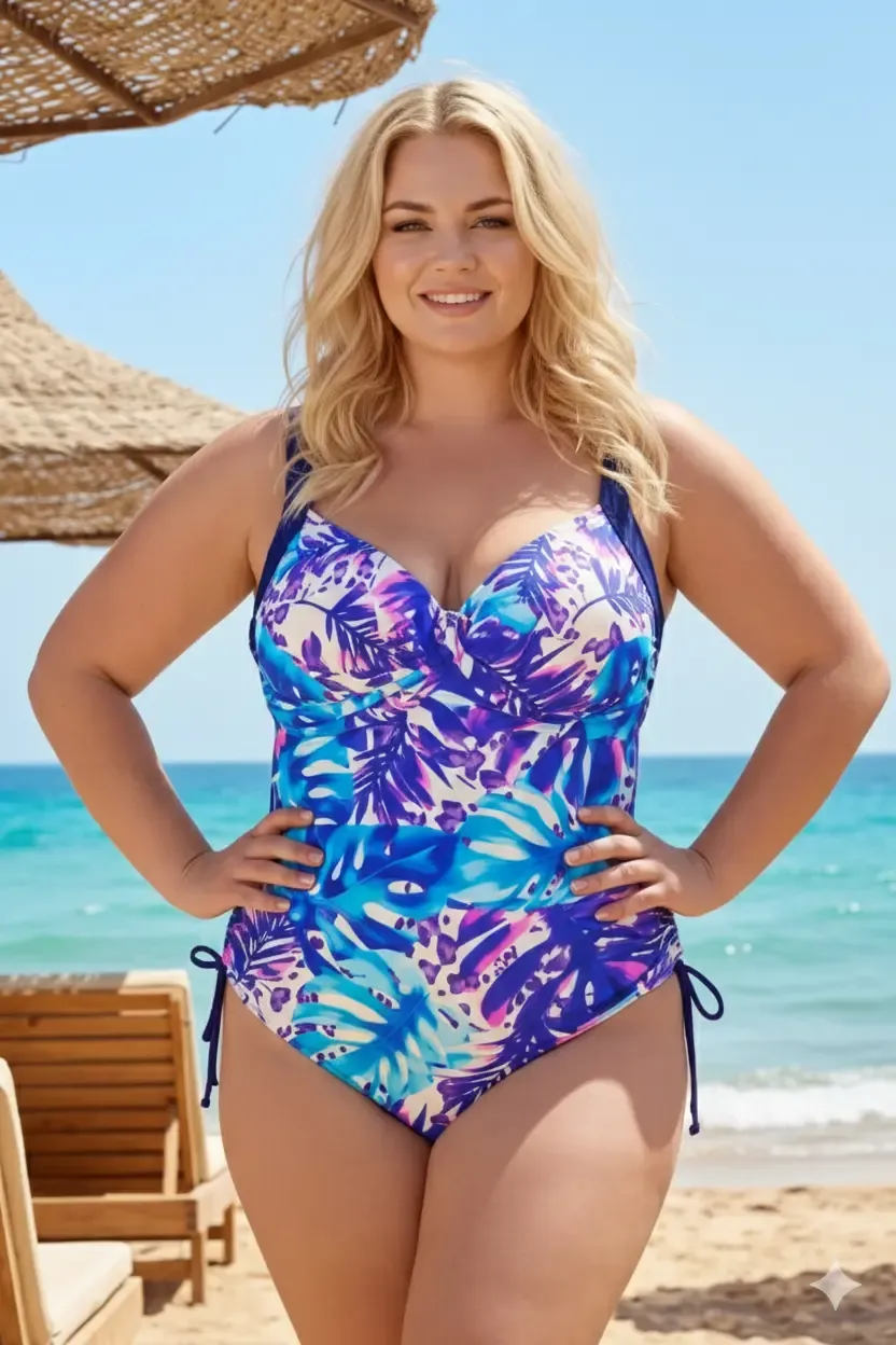 Kadın Lacivert Mor Yaprak Desenli Astarlı Büyük Beden Mayo HZL26S-LC8021