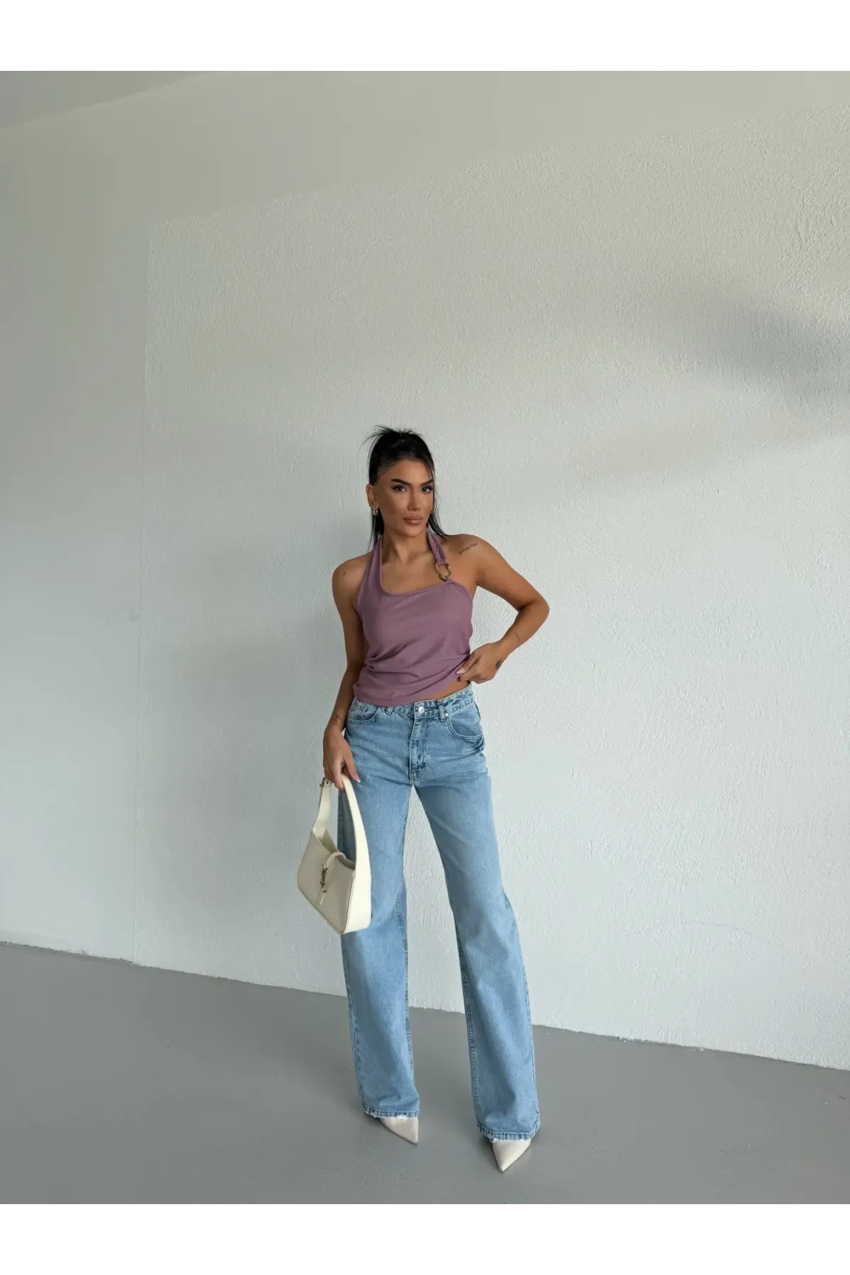 Kadın Lila Ottoman Kumaş Halter Yaka Toka Detay Bluz HZL26W-FRY123321