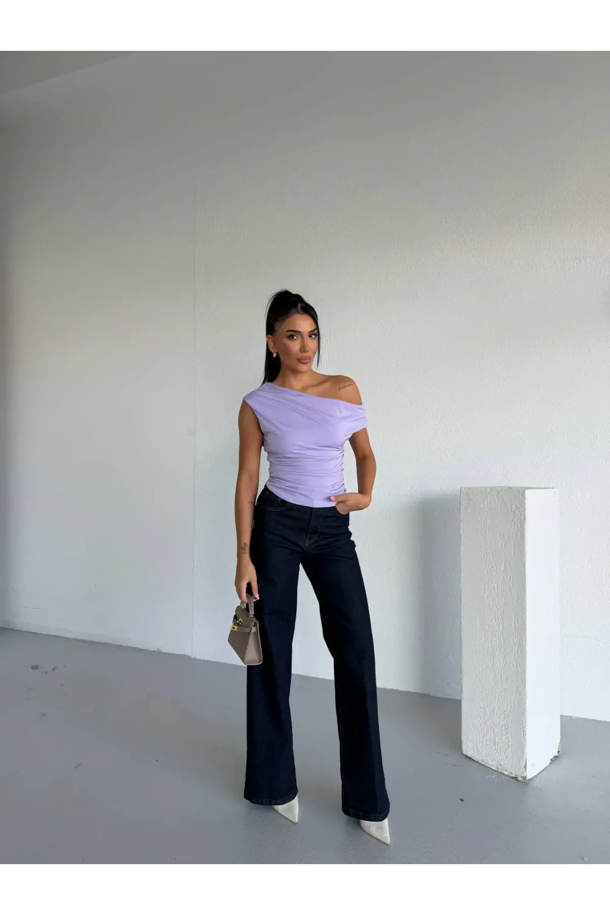 Kadın Lila Yandan Drapeli Kayık Yaka Sandy Bluz HZL25S-FRY123201