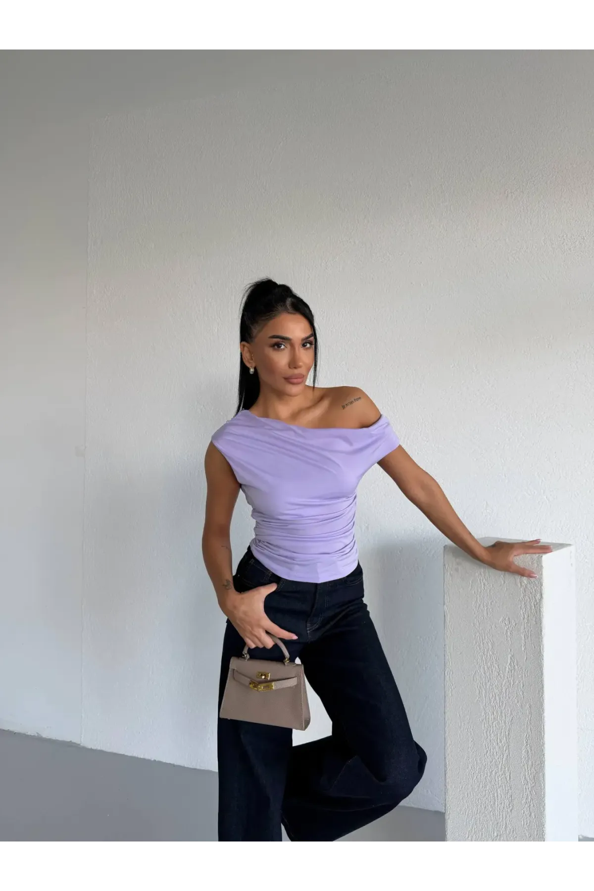 Kadın Lila Yandan Drapeli Kayık Yaka Sandy Bluz HZL25S-FRY123201