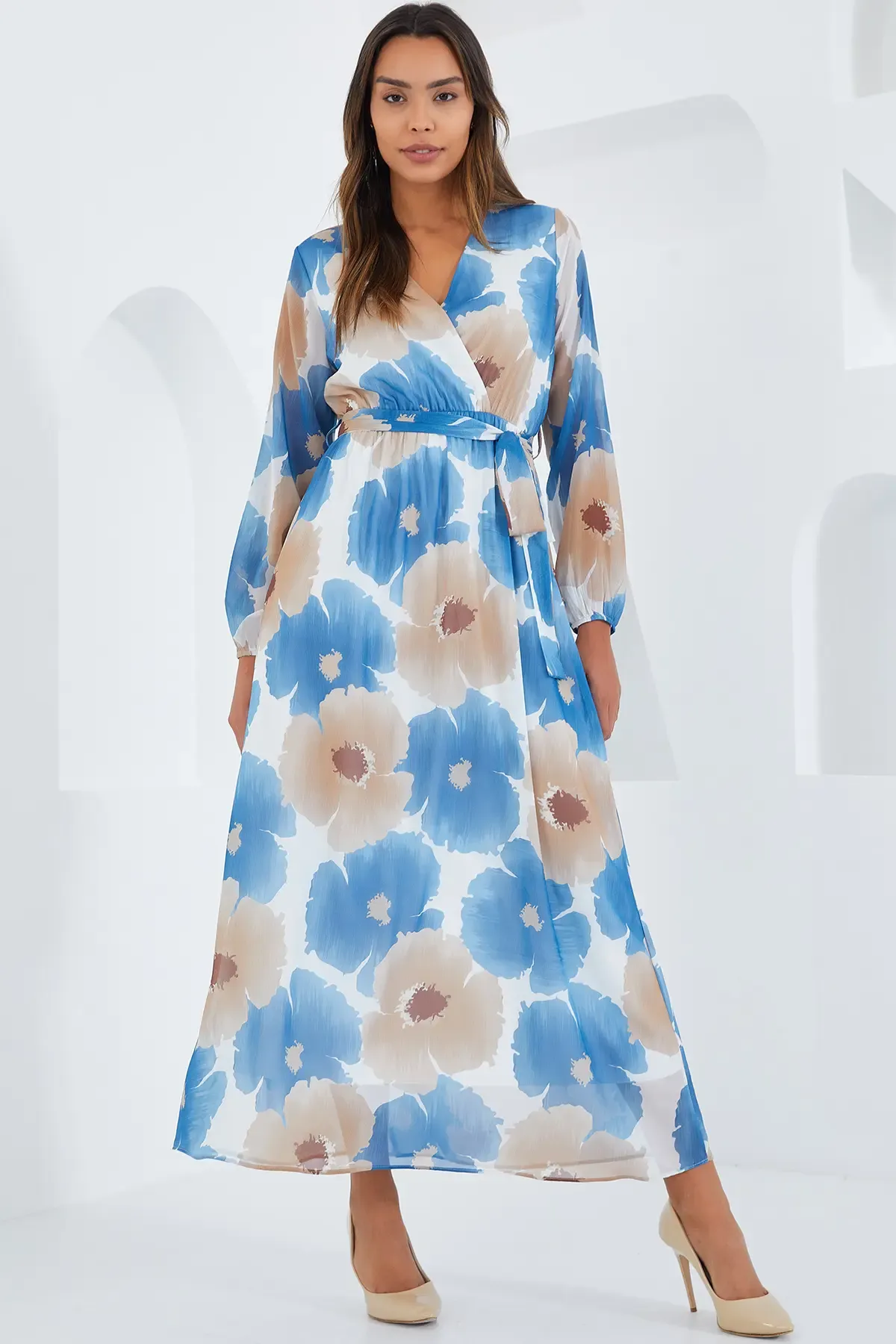 Kadın Mavi Bej Çiçek Desenli Şifon Elbise 2134