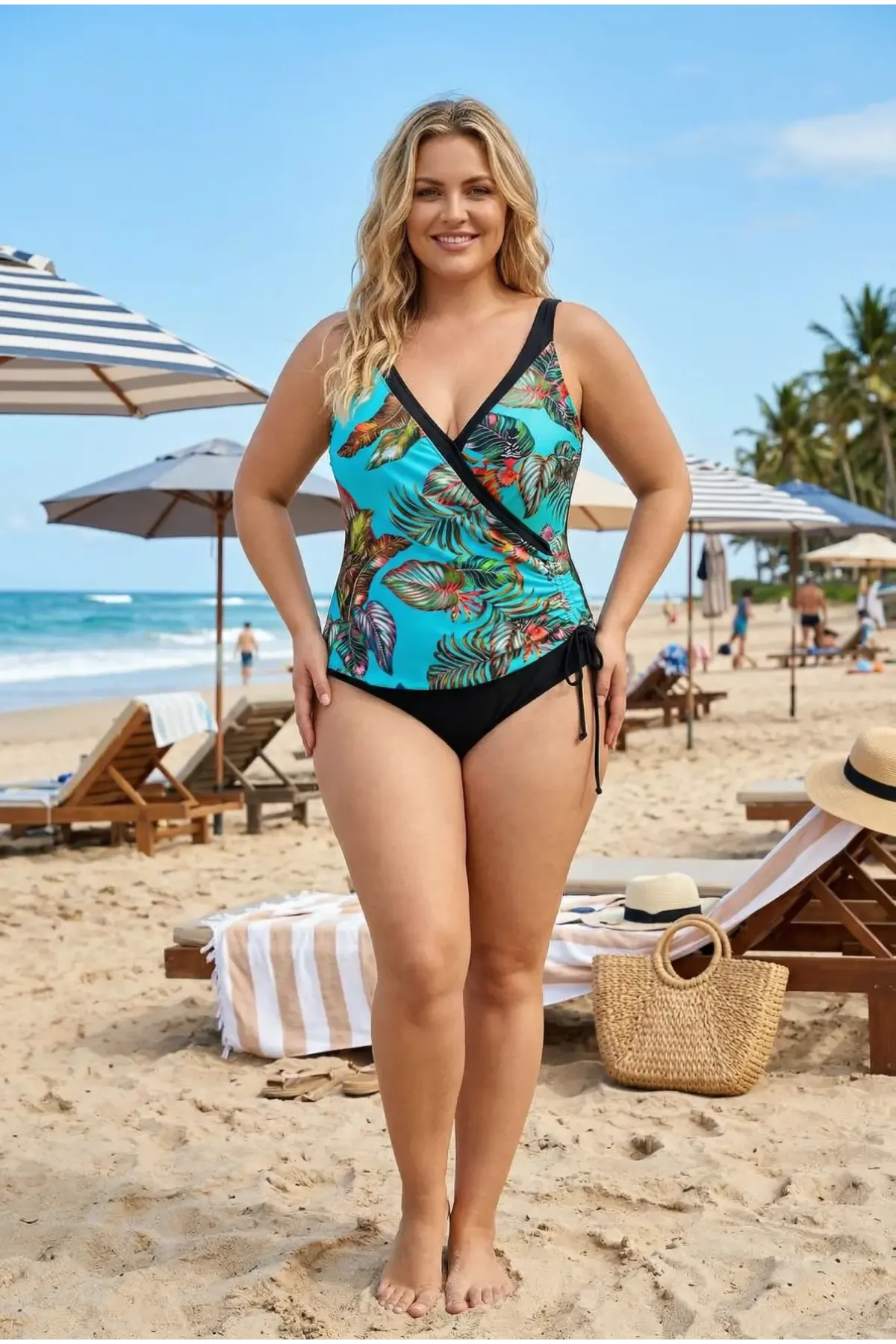 Kadın Mavi Siyah Tüy Desen V Yaka Yandan İp Büzgülü Büyük Beden Mayo HZL25S-LC4007