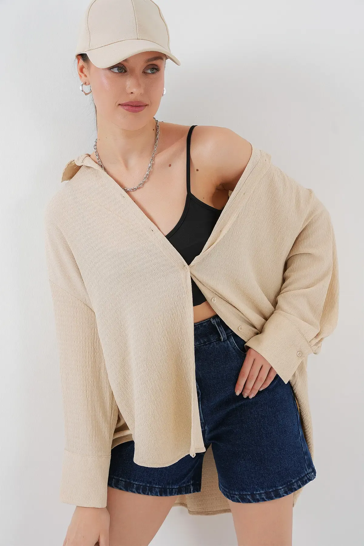 Kadın Örme Oversize Gömlek 20264 - Bej