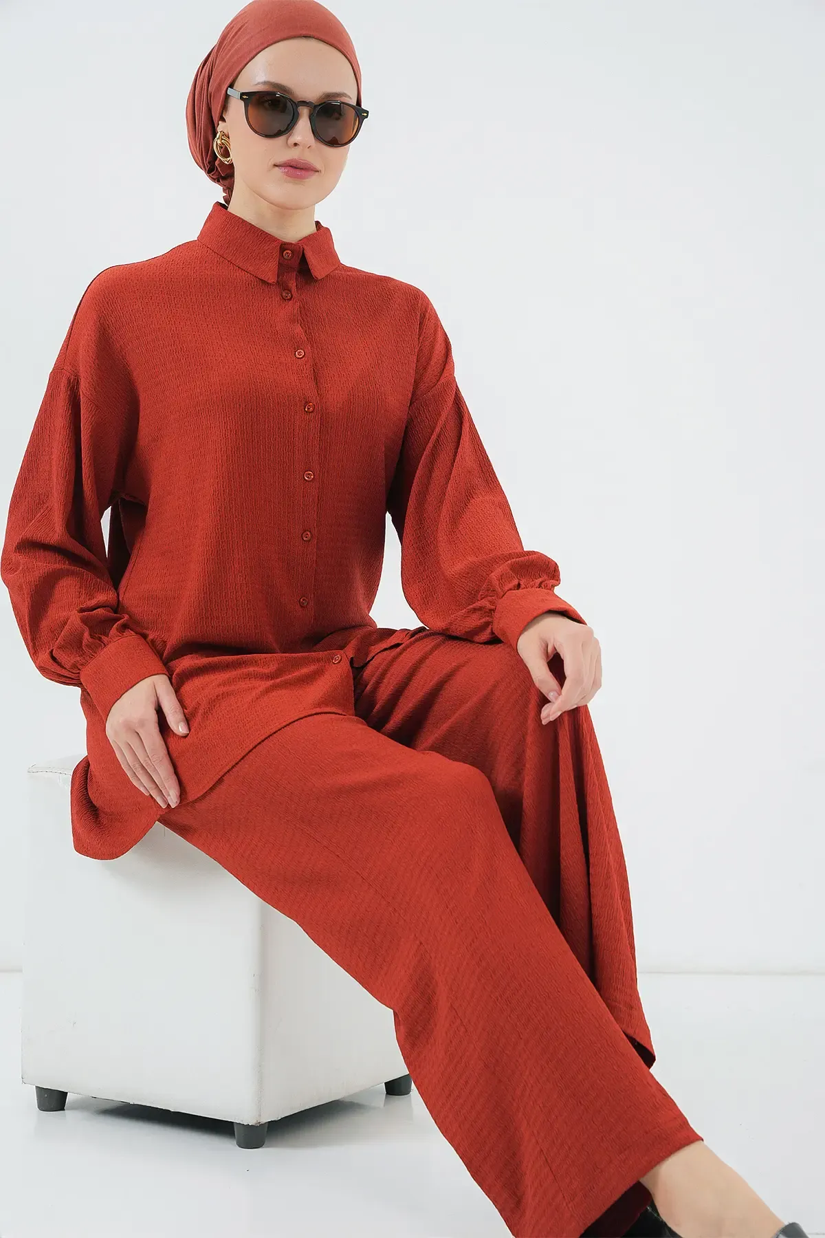 Kadın Örme Tesettür Alt Üst Takım 6711 - Kiremit
