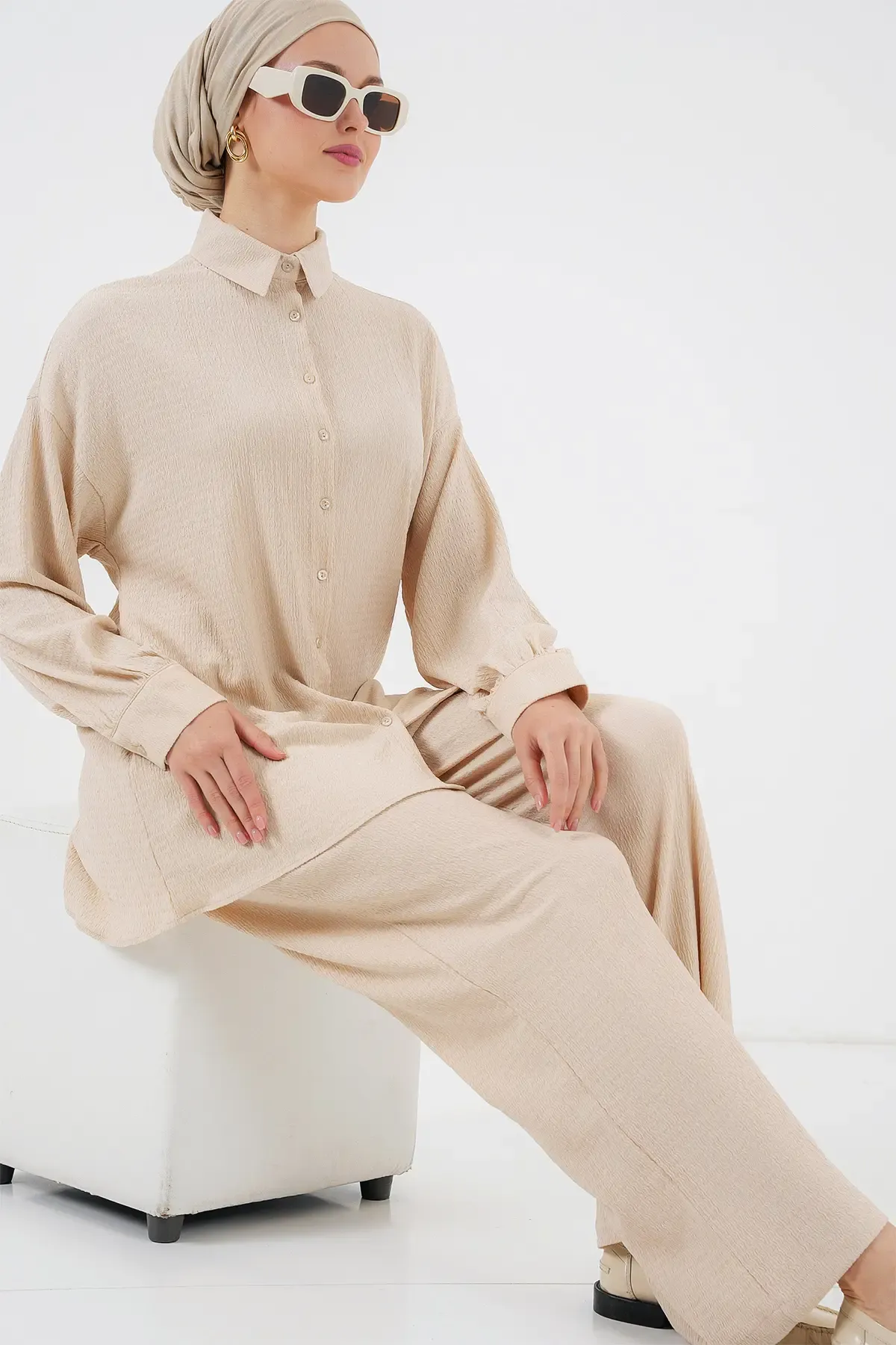Kadın Örme Tesettür Alt Üst Takım 6711 - Krem