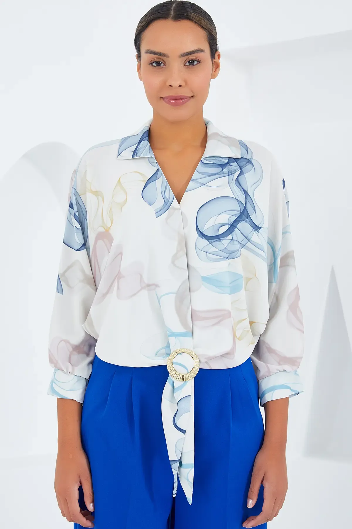 Kadın Oversize Dökümlü Crop Saten Gömlek 906 - Mavi