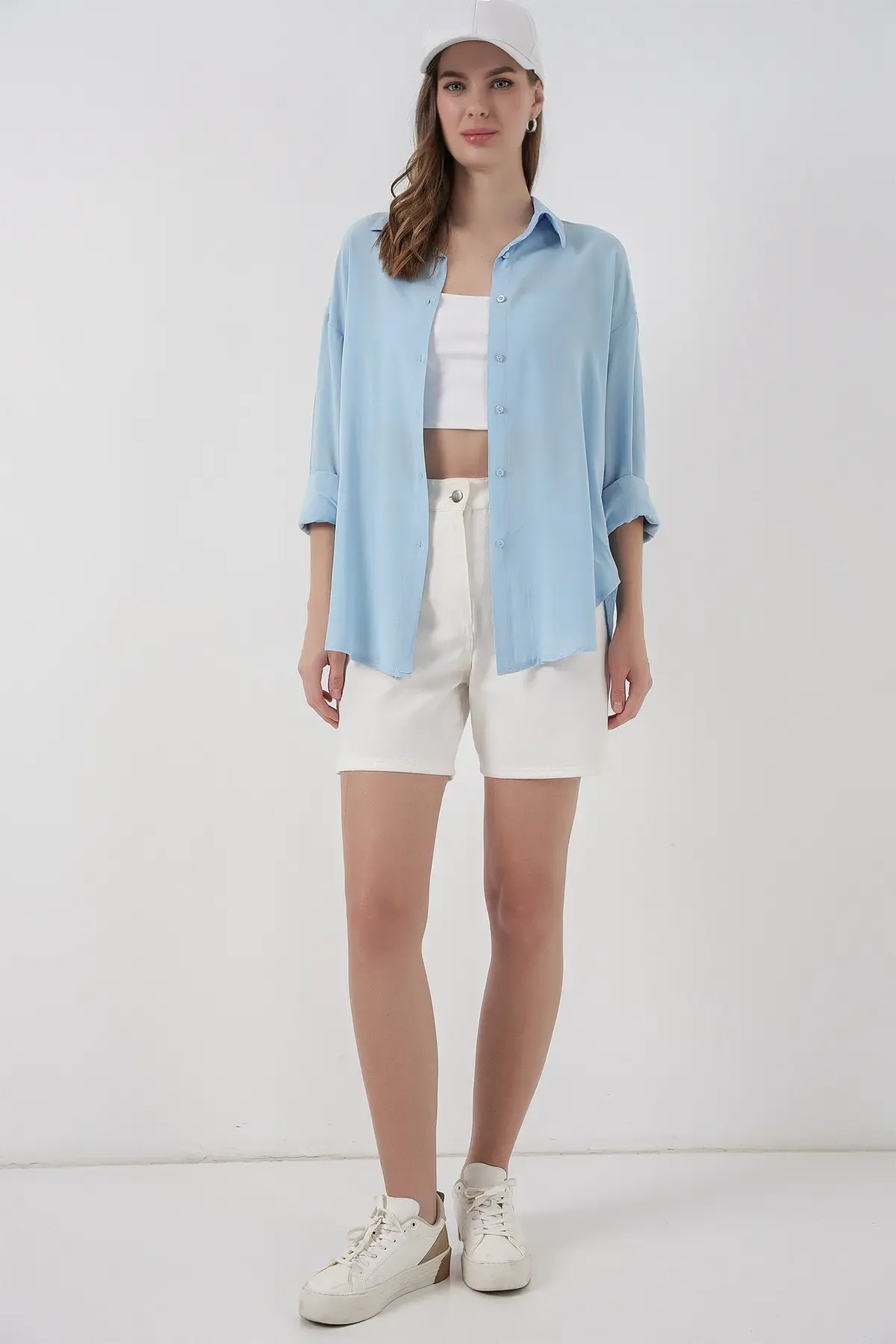 Kadın Oversize Viskon Gömlek 3785 - Açık Mavi