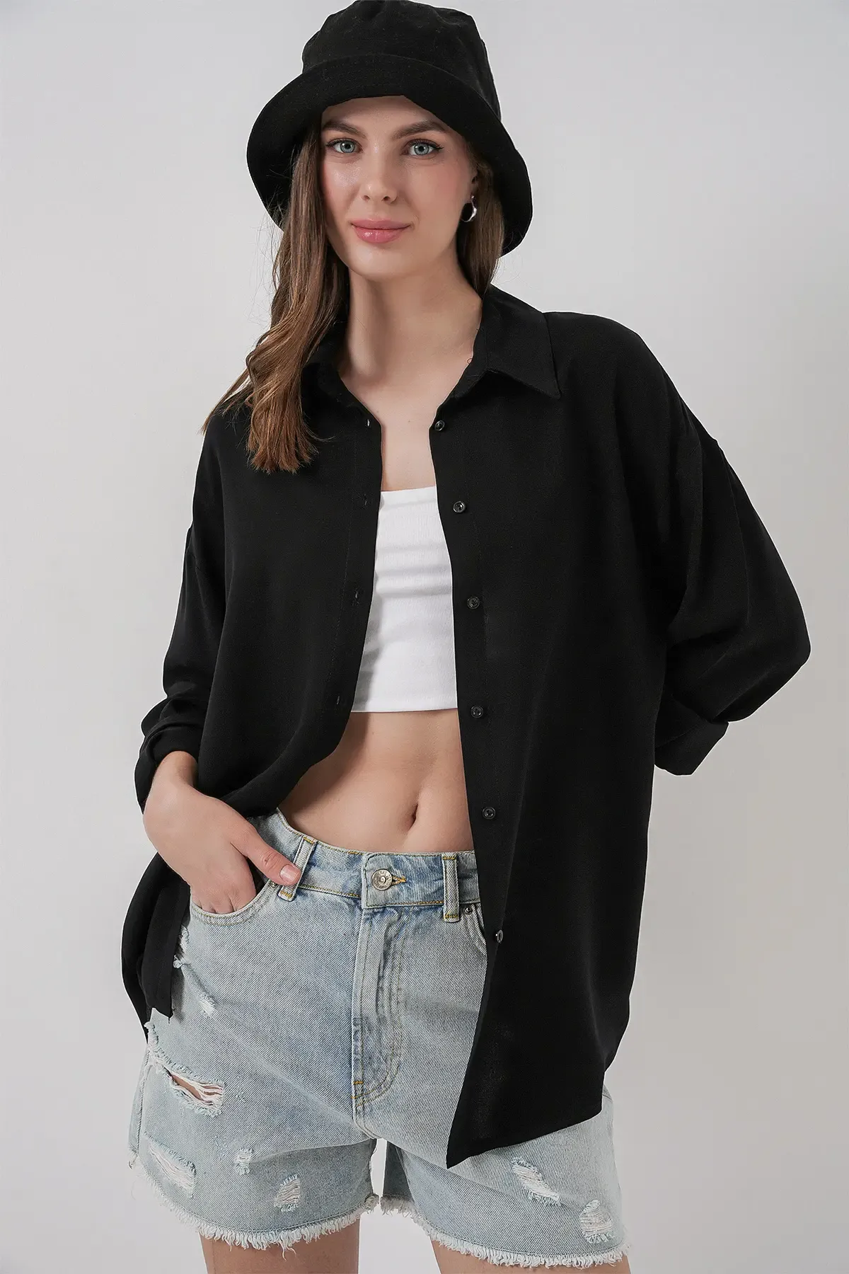 Kadın Oversize Viskon Gömlek 3785 - Siyah