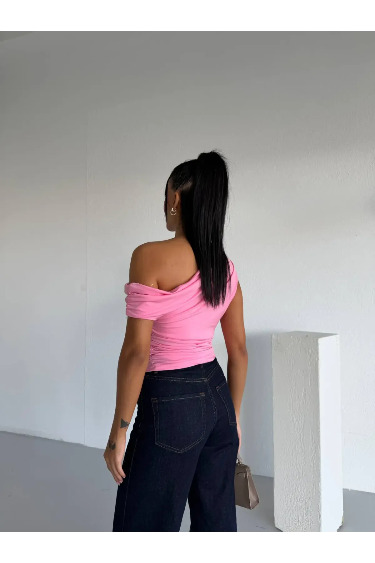 Kadın Pembe Yandan Drapeli Kayık Yaka Sandy Bluz HZL25S-FRY123201