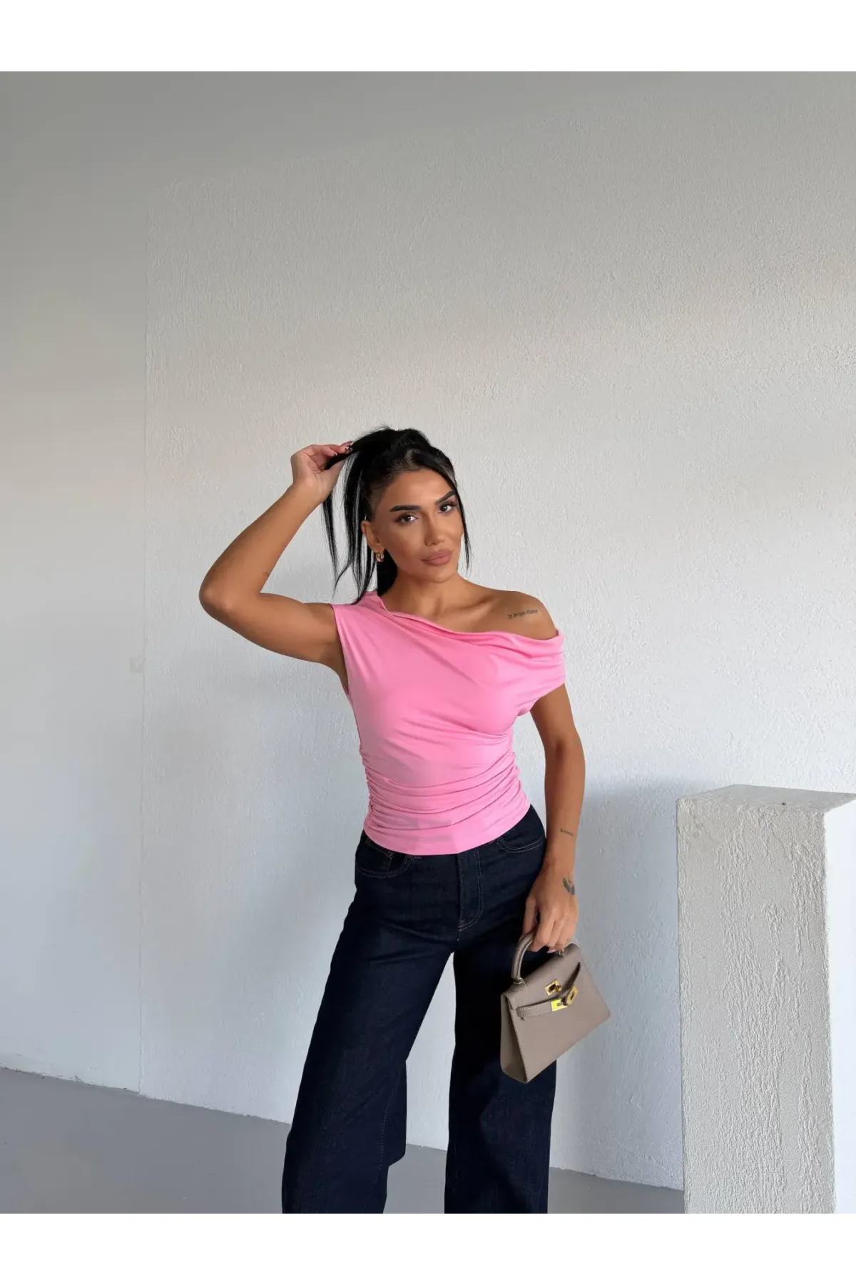 Kadın Pembe Yandan Drapeli Kayık Yaka Sandy Bluz HZL25S-FRY123201