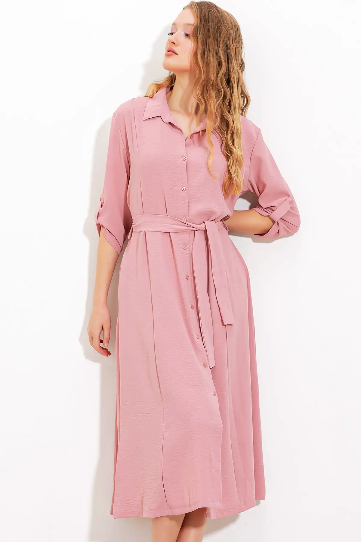 Kadın Pudra Kuşaklı Gömlek Elbise 2442