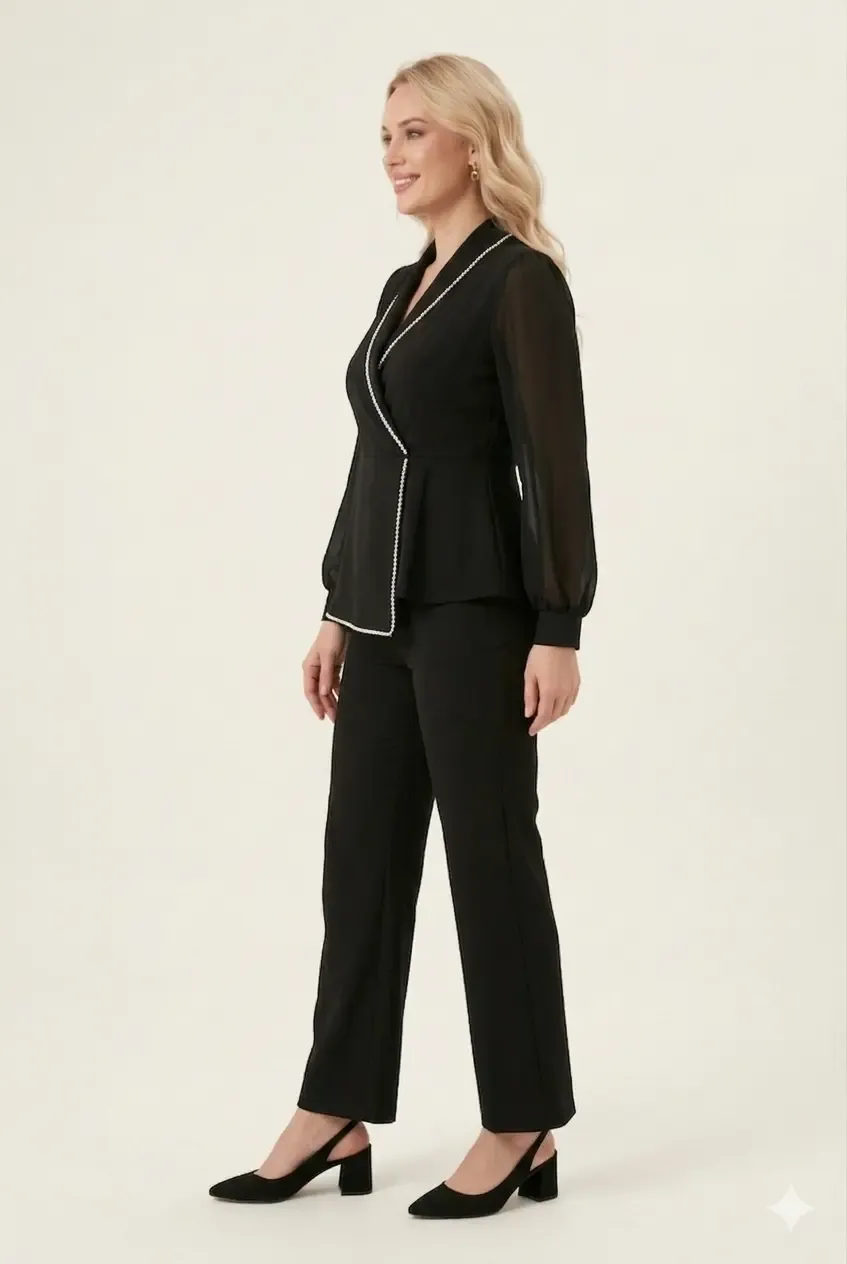 Kadın Siyah Büyük Beden Yaka İncili Şifon Kollu Abiye Takım HZL26W-PR10031