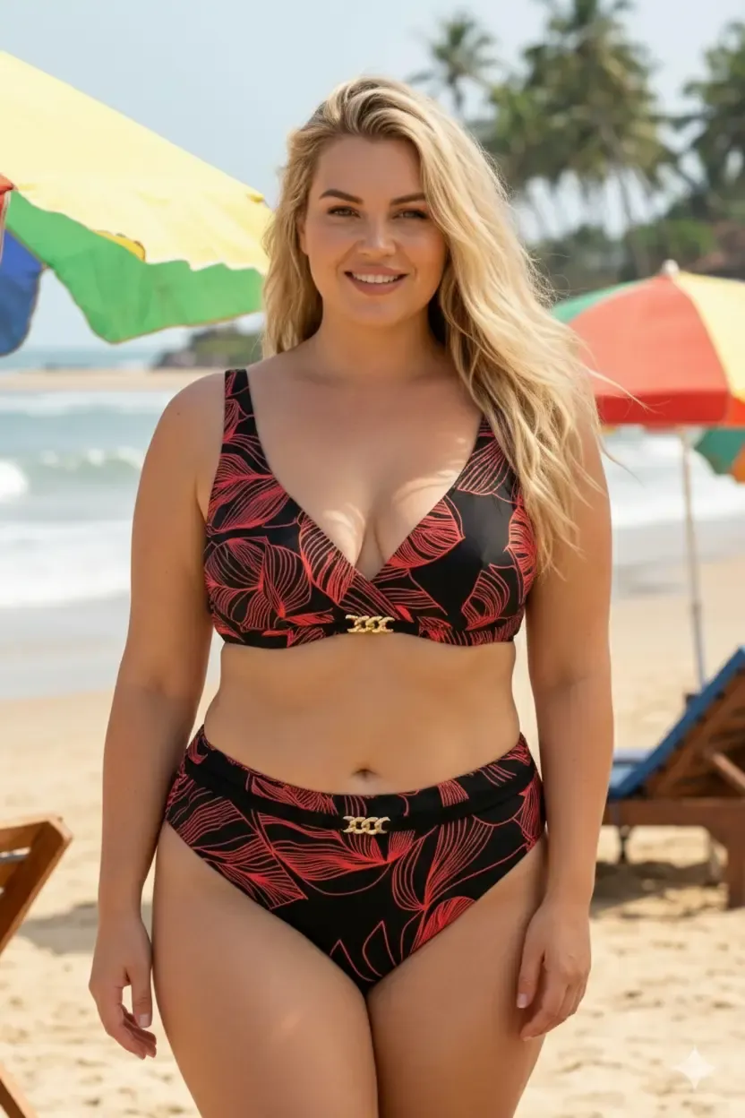 Kadın Siyah Kırmızı Aksesuar Detaylı Astarlı Büyük Beden Bikini Takımı HZL25S-LC25147