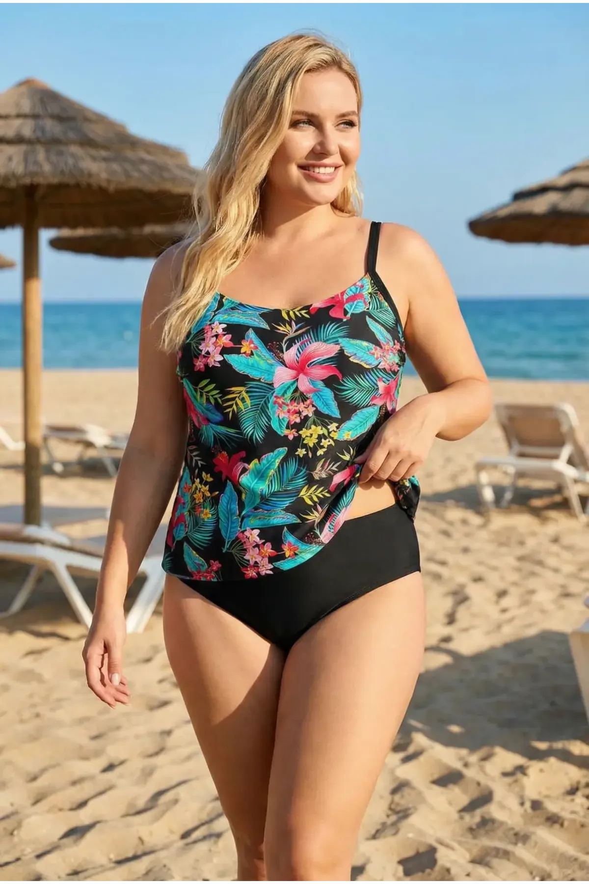 Kadın Siyah Turkuaz Desenli Yüksek Bel Toparlayıcı Altlı Büyük Beden Slipli Tankini HZL26S-LC2031