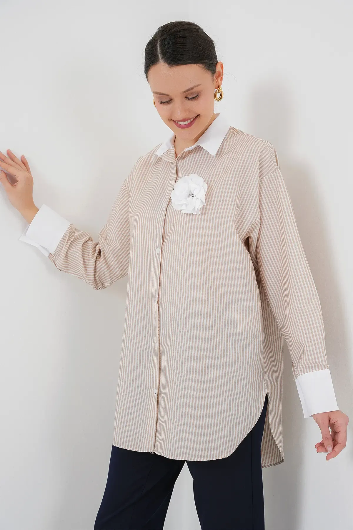 Kadın Uzun Çizgili Gömlek 5962 - Bej