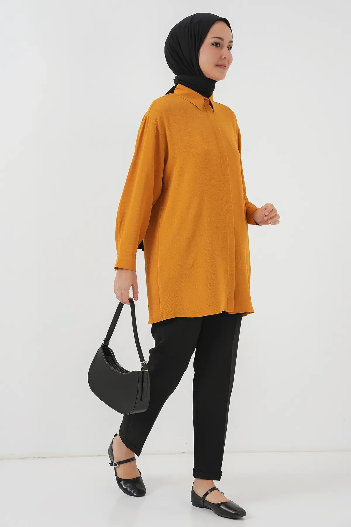 Kadın Uzun Gömlek Tunik 5945 - Hardal