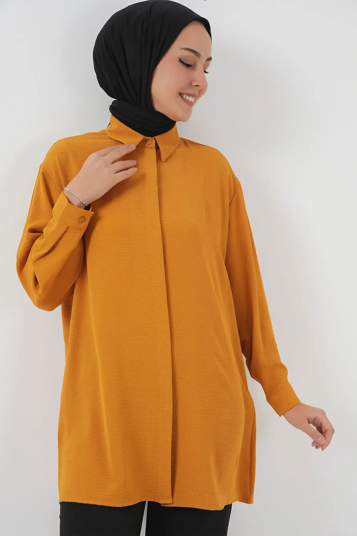 Kadın Uzun Gömlek Tunik 5945 - Hardal