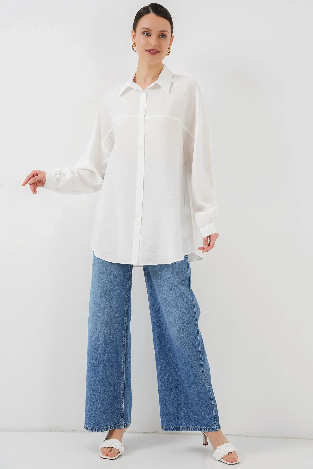 Kadın Uzun Oversize Gömlek 5965 - Beyaz