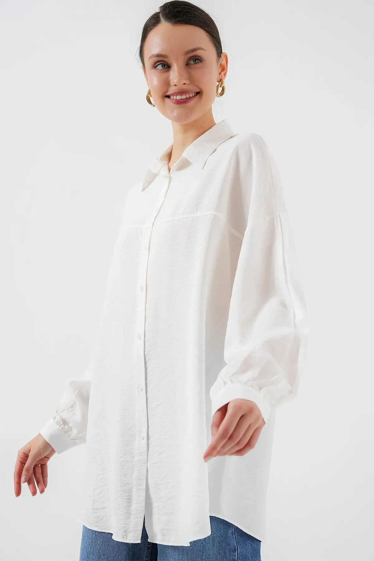 Kadın Uzun Oversize Gömlek 5965 - Beyaz