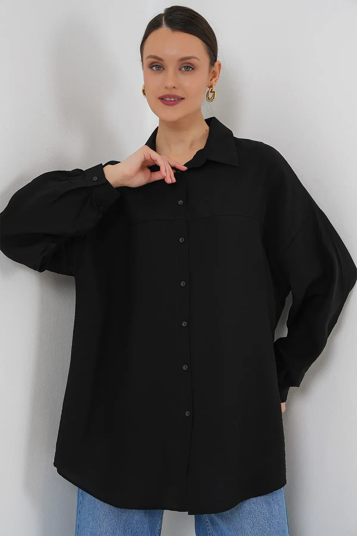Kadın Uzun Oversize Gömlek 5965 - Siyah