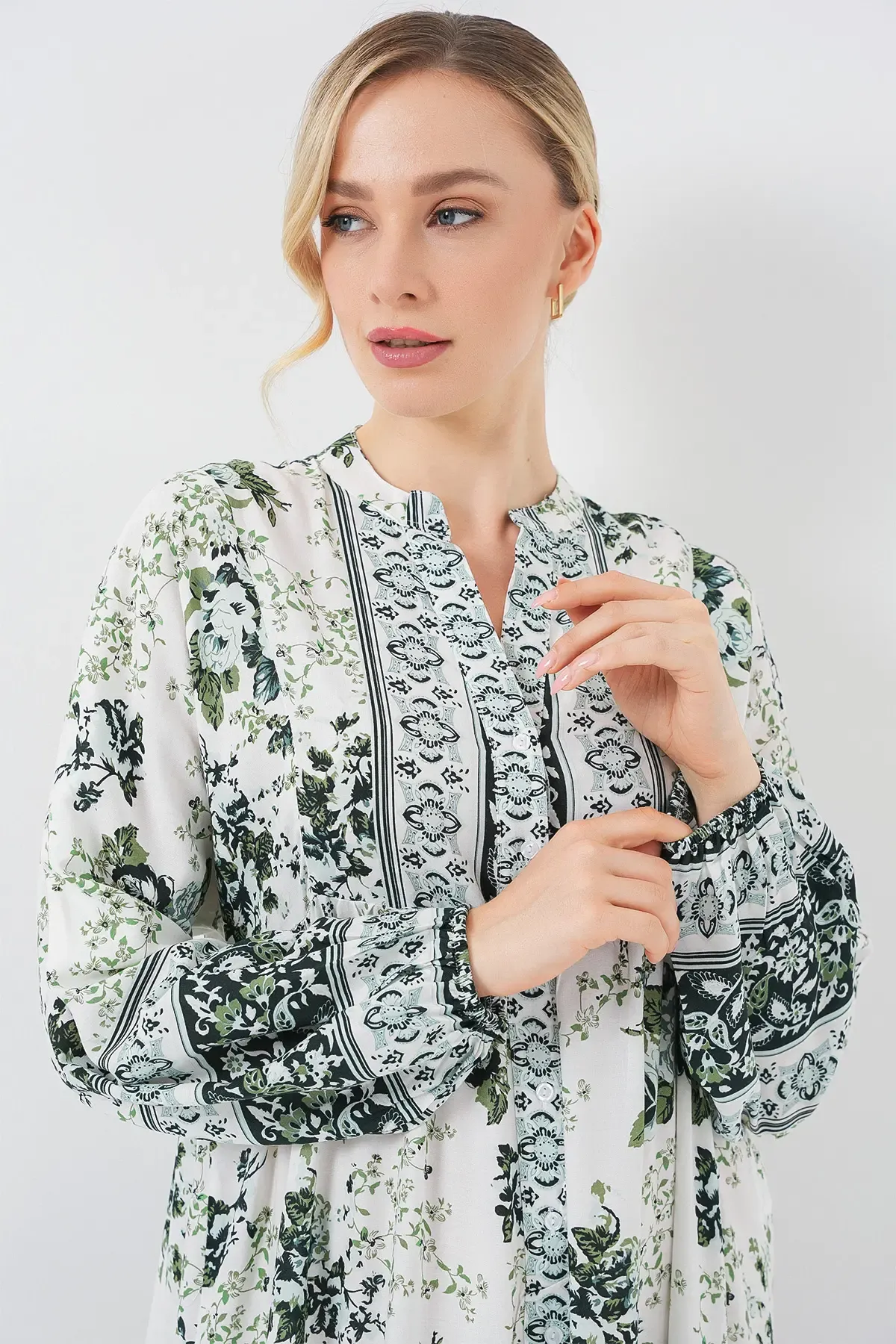 Kadın Yeşil Beyaz Lacivert Viskon Tesettür Elbise 2423