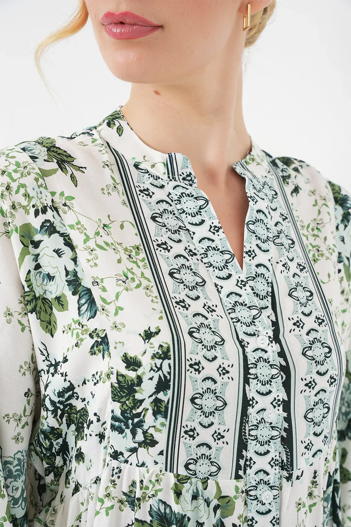 Kadın Yeşil Beyaz Lacivert Viskon Tesettür Elbise 2423